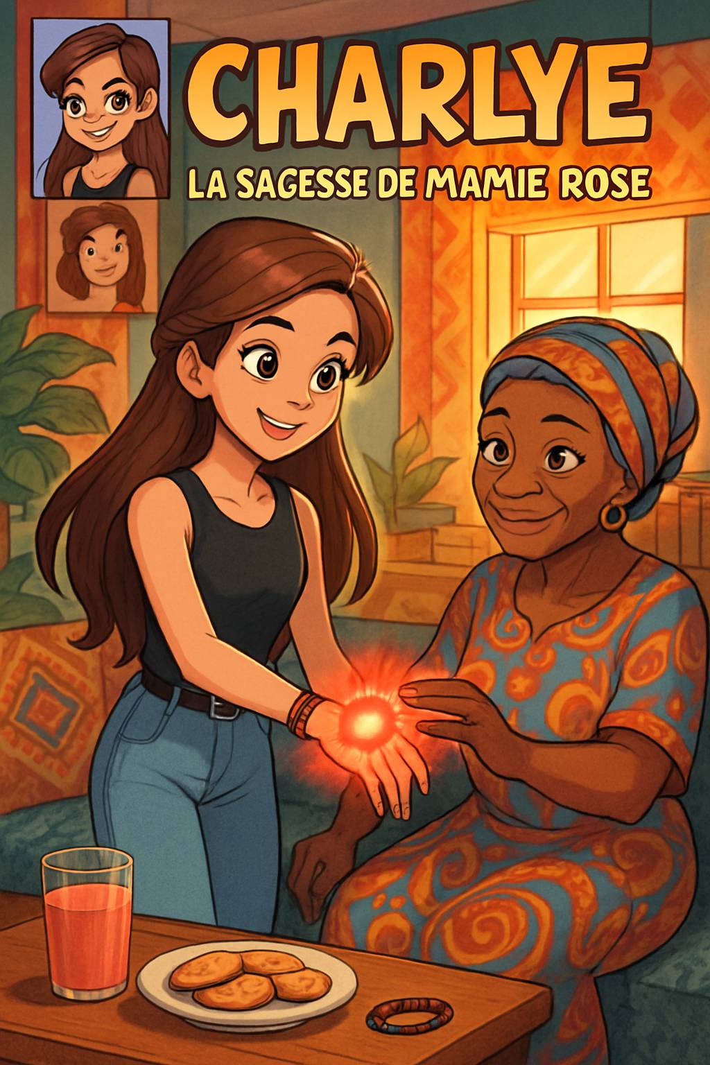 In Mamie Aurore's art studio, an elegant shadow figure with a blue crystal crown looms. A dark-skinned boy with curly black hair and adventurous smile stands nearby. Title 'Emilie' and subtitle 'My Story Show' in vibrant frost palette. Cel-shaded magical silhouettes.