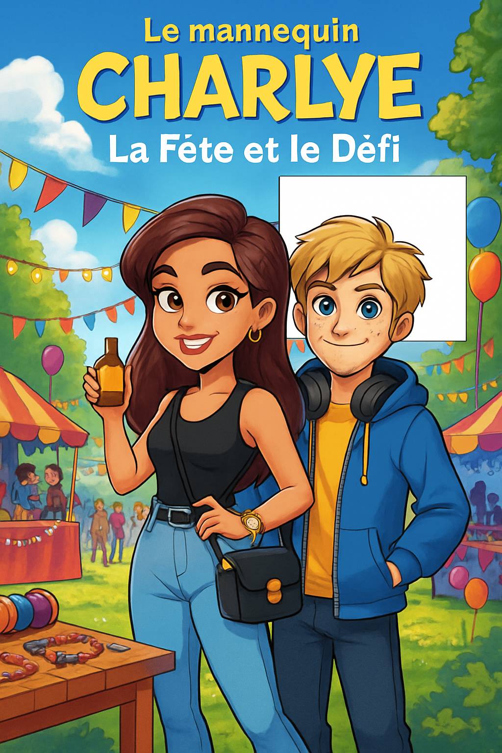 In Mamie Aurore's art studio, an elegant shadow figure with a blue crystal crown looms. A dark-skinned boy with curly black hair and adventurous smile stands nearby. Title 'Emilie' and subtitle 'My Story Show' in vibrant frost palette. Cel-shaded magical silhouettes.