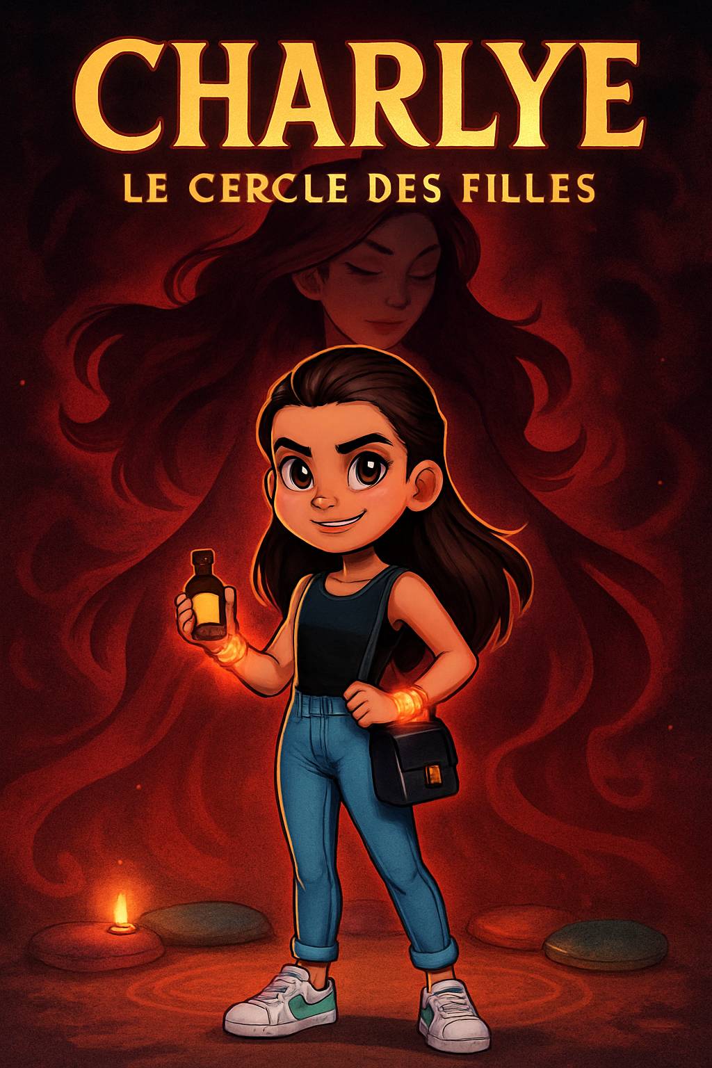 In Mamie Aurore's art studio, an elegant shadow figure with a blue crystal crown looms. A dark-skinned boy with curly black hair and adventurous smile stands nearby. Title 'Emilie' and subtitle 'My Story Show' in vibrant frost palette. Cel-shaded magical silhouettes.