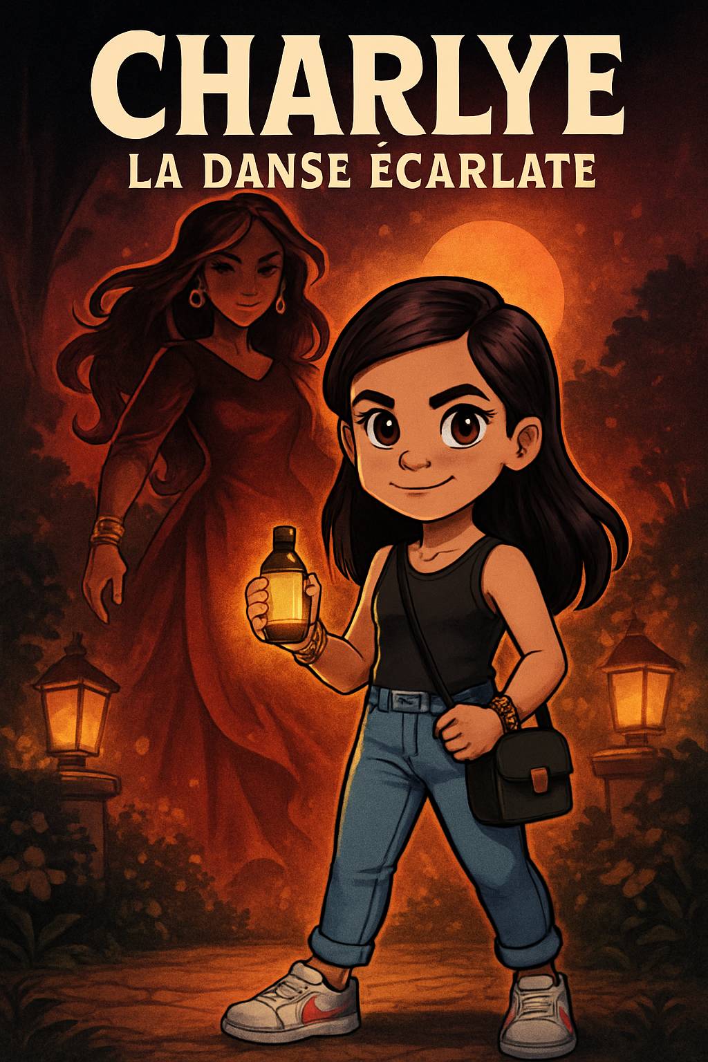 In Mamie Aurore's art studio, an elegant shadow figure with a blue crystal crown looms. A dark-skinned boy with curly black hair and adventurous smile stands nearby. Title 'Emilie' and subtitle 'My Story Show' in vibrant frost palette. Cel-shaded magical silhouettes.