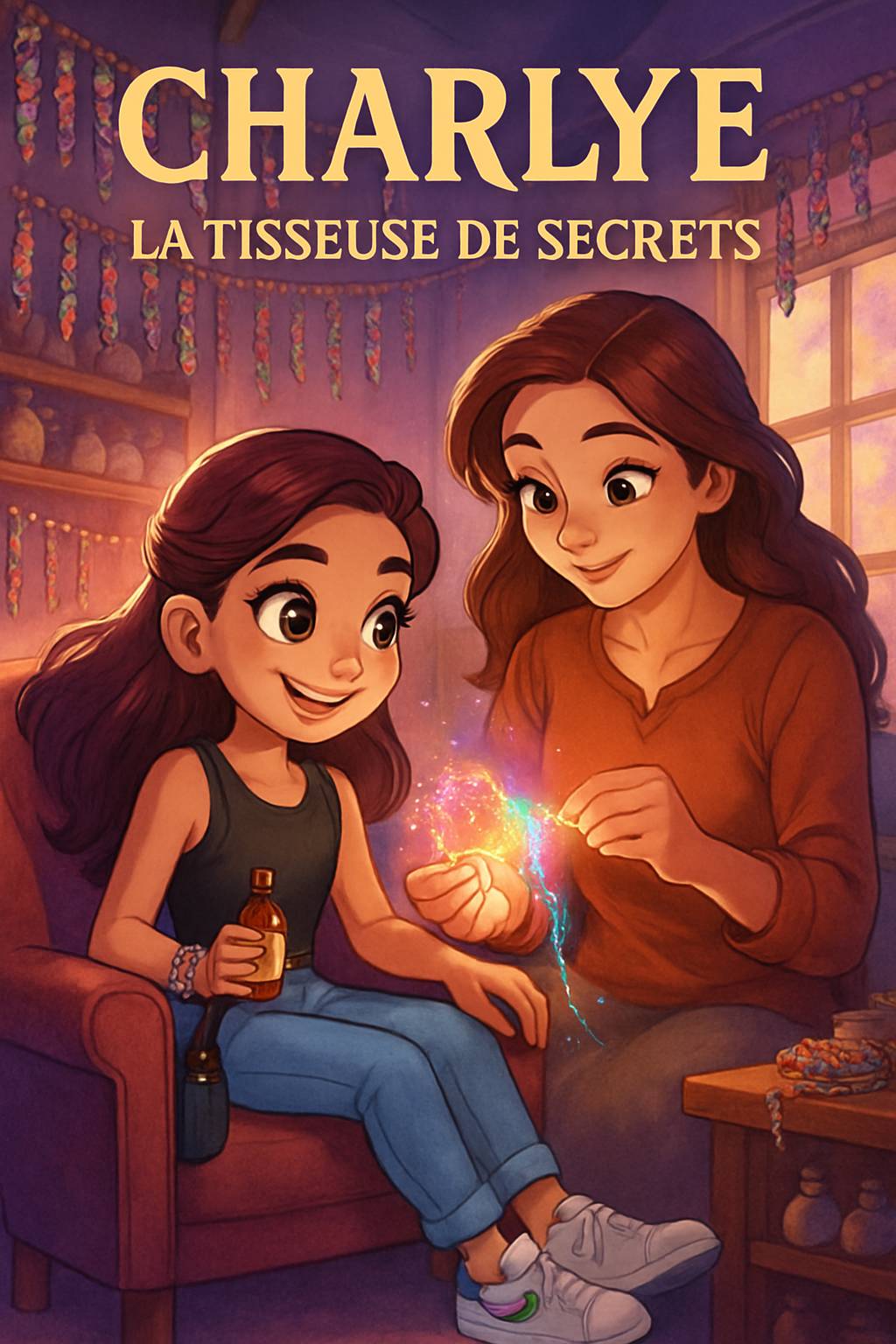 In Mamie Aurore's art studio, an elegant shadow figure with a blue crystal crown looms. A dark-skinned boy with curly black hair and adventurous smile stands nearby. Title 'Emilie' and subtitle 'My Story Show' in vibrant frost palette. Cel-shaded magical silhouettes.