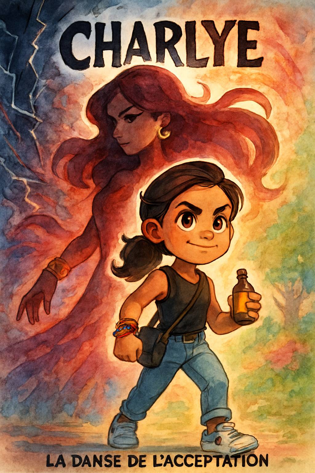 In Mamie Aurore's art studio, an elegant shadow figure with a blue crystal crown looms. A dark-skinned boy with curly black hair and adventurous smile stands nearby. Title 'Emilie' and subtitle 'My Story Show' in vibrant frost palette. Cel-shaded magical silhouettes.