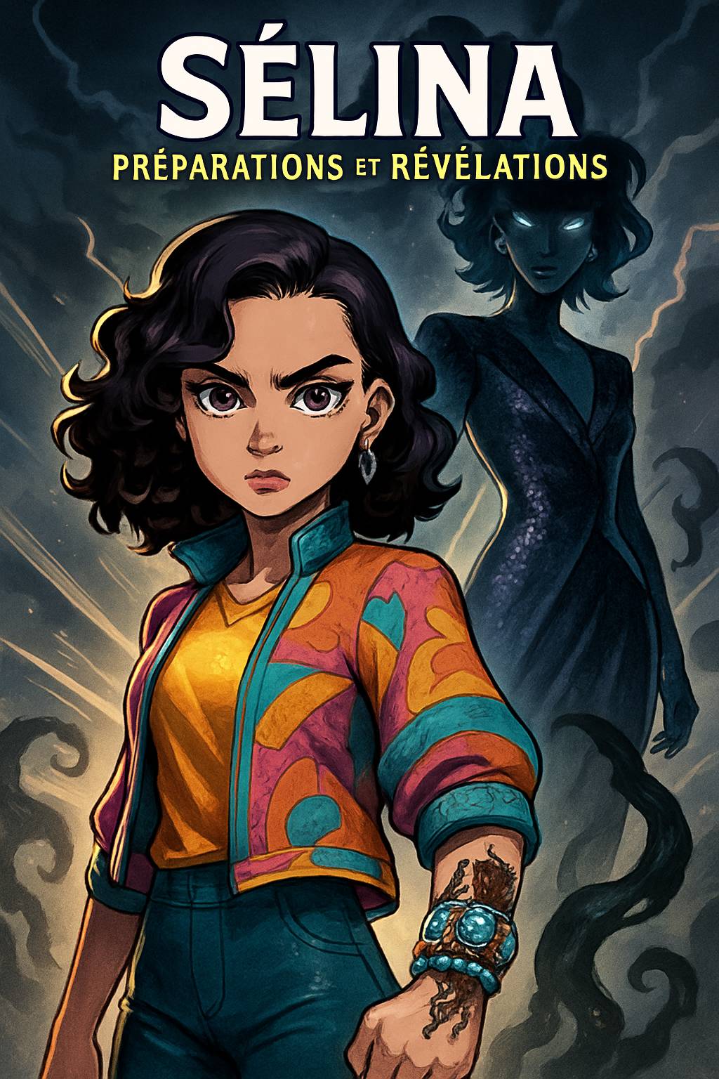In Mamie Aurore's art studio, an elegant shadow figure with a blue crystal crown looms. A dark-skinned boy with curly black hair and adventurous smile stands nearby. Title 'Emilie' and subtitle 'My Story Show' in vibrant frost palette. Cel-shaded magical silhouettes.