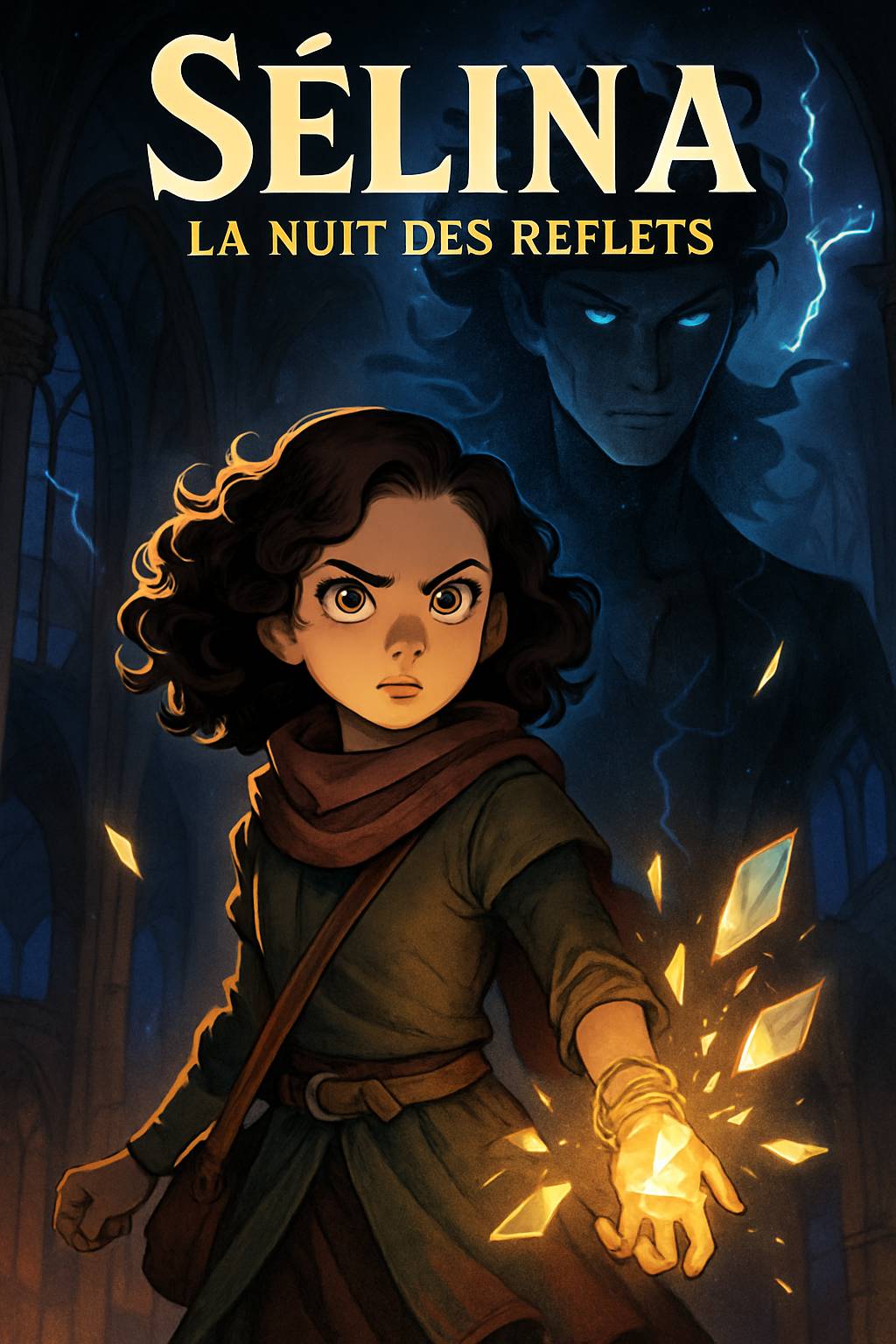 In Mamie Aurore's art studio, an elegant shadow figure with a blue crystal crown looms. A dark-skinned boy with curly black hair and adventurous smile stands nearby. Title 'Emilie' and subtitle 'My Story Show' in vibrant frost palette. Cel-shaded magical silhouettes.
