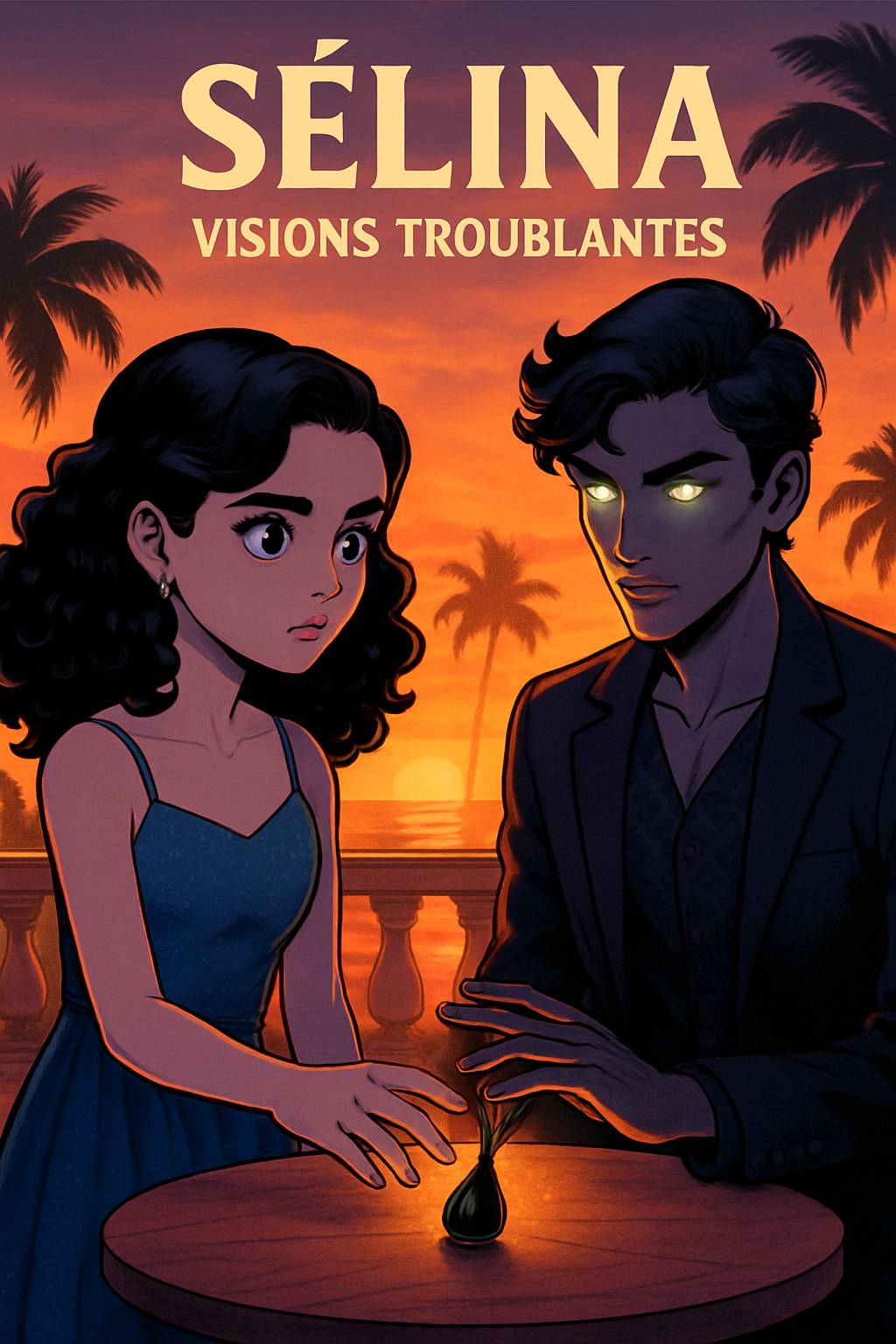 In Mamie Aurore's art studio, an elegant shadow figure with a blue crystal crown looms. A dark-skinned boy with curly black hair and adventurous smile stands nearby. Title 'Emilie' and subtitle 'My Story Show' in vibrant frost palette. Cel-shaded magical silhouettes.