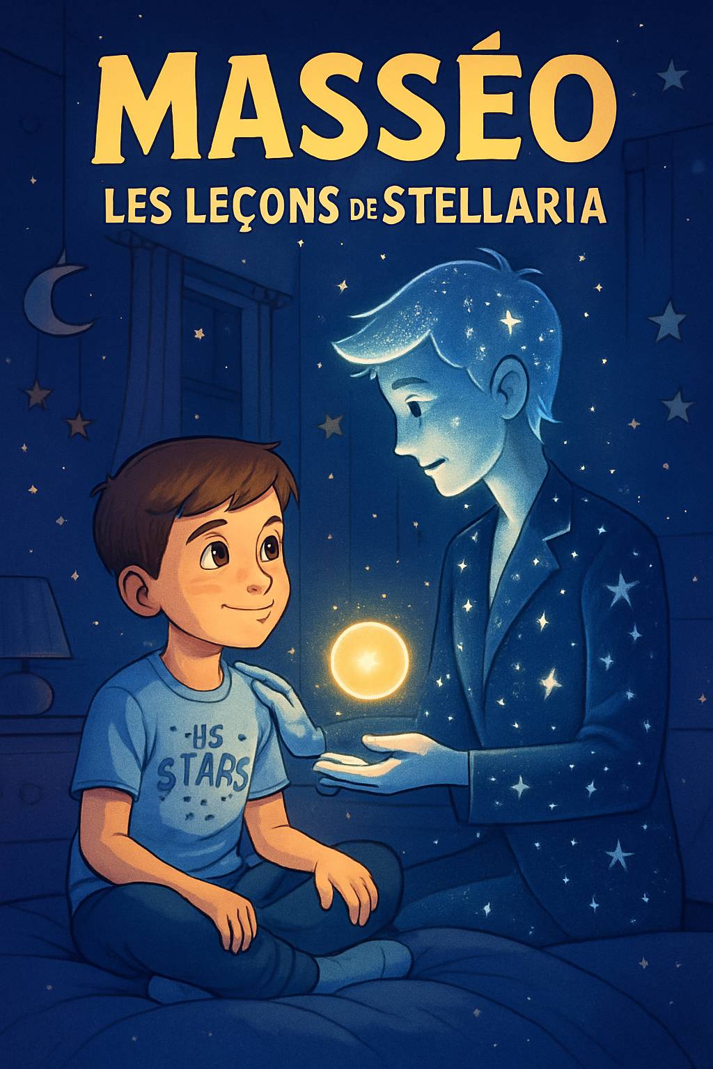 In Mamie Aurore's art studio, an elegant shadow figure with a blue crystal crown looms. A dark-skinned boy with curly black hair and adventurous smile stands nearby. Title 'Emilie' and subtitle 'My Story Show' in vibrant frost palette. Cel-shaded magical silhouettes.