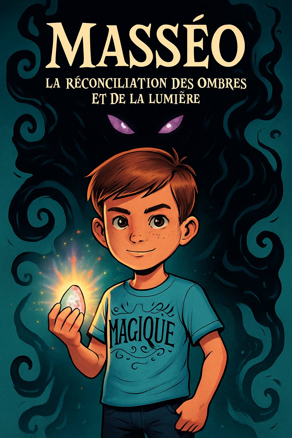 In Mamie Aurore's art studio, an elegant shadow figure with a blue crystal crown looms. A dark-skinned boy with curly black hair and adventurous smile stands nearby. Title 'Emilie' and subtitle 'My Story Show' in vibrant frost palette. Cel-shaded magical silhouettes.