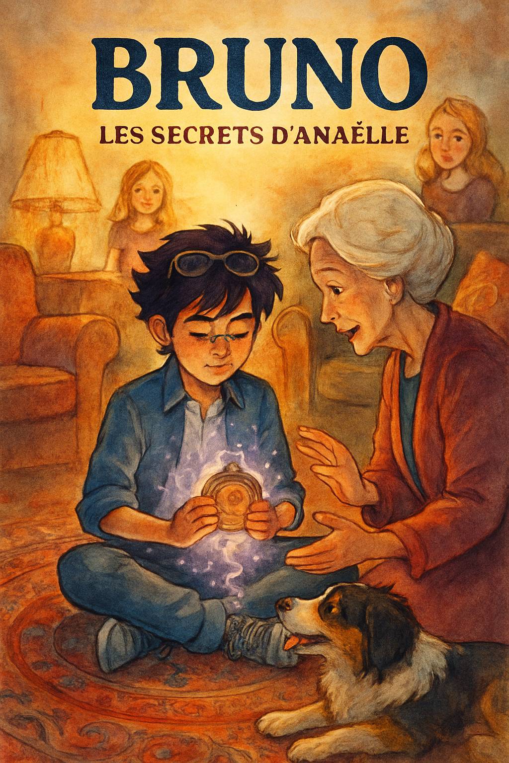 In Mamie Aurore's art studio, an elegant shadow figure with a blue crystal crown looms. A dark-skinned boy with curly black hair and adventurous smile stands nearby. Title 'Emilie' and subtitle 'My Story Show' in vibrant frost palette. Cel-shaded magical silhouettes.