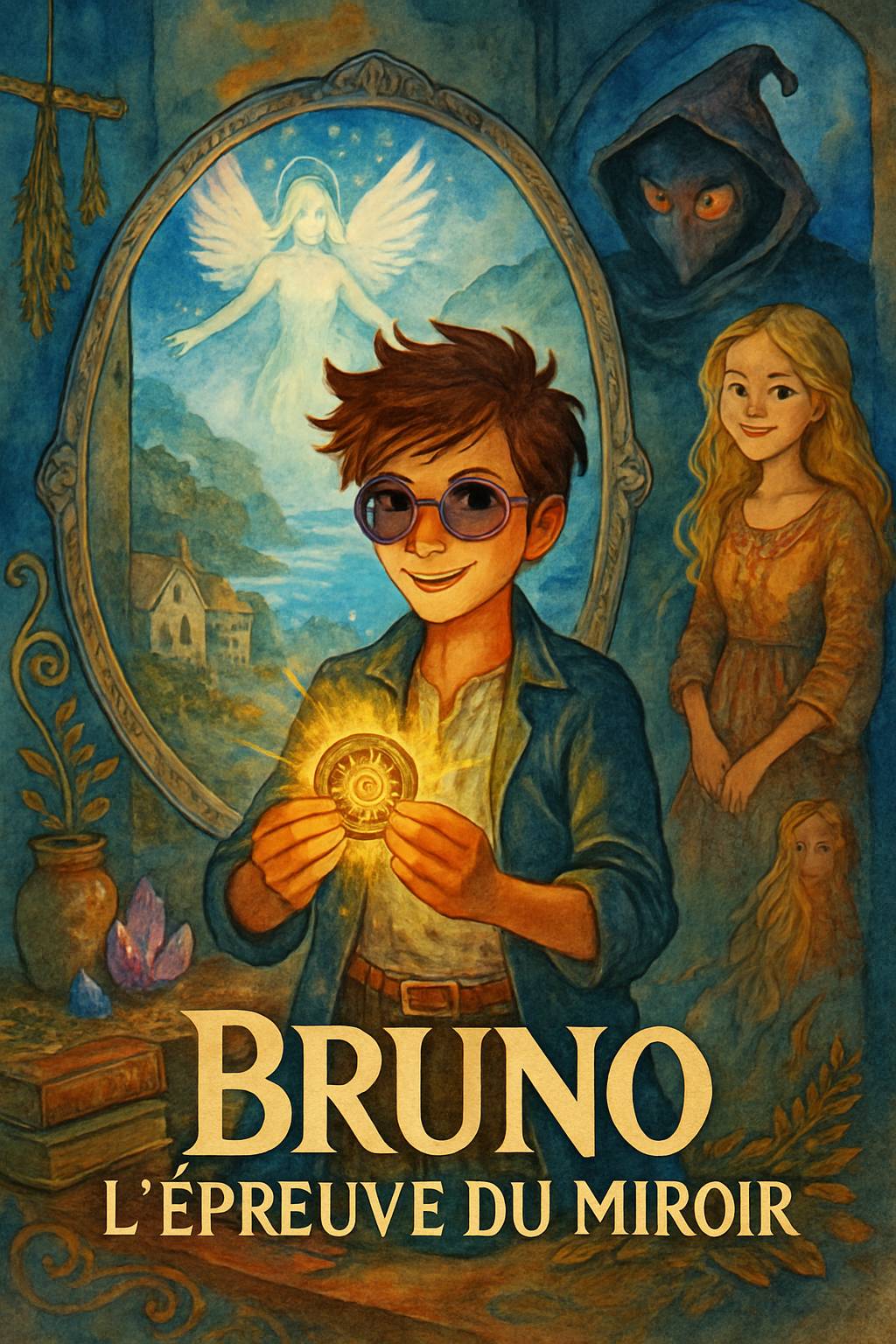 In Mamie Aurore's art studio, an elegant shadow figure with a blue crystal crown looms. A dark-skinned boy with curly black hair and adventurous smile stands nearby. Title 'Emilie' and subtitle 'My Story Show' in vibrant frost palette. Cel-shaded magical silhouettes.