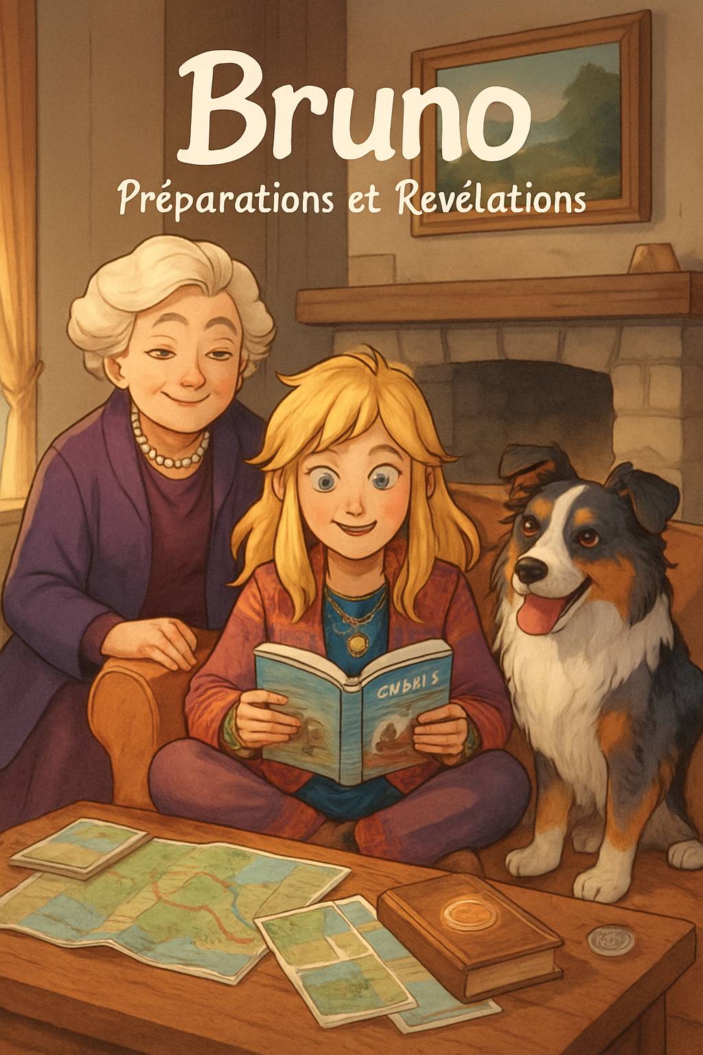 In Mamie Aurore's art studio, an elegant shadow figure with a blue crystal crown looms. A dark-skinned boy with curly black hair and adventurous smile stands nearby. Title 'Emilie' and subtitle 'My Story Show' in vibrant frost palette. Cel-shaded magical silhouettes.