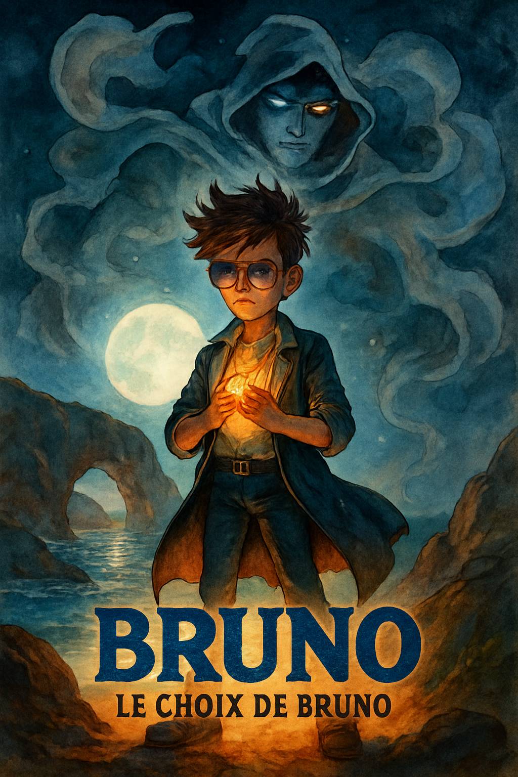 In Mamie Aurore's art studio, an elegant shadow figure with a blue crystal crown looms. A dark-skinned boy with curly black hair and adventurous smile stands nearby. Title 'Emilie' and subtitle 'My Story Show' in vibrant frost palette. Cel-shaded magical silhouettes.