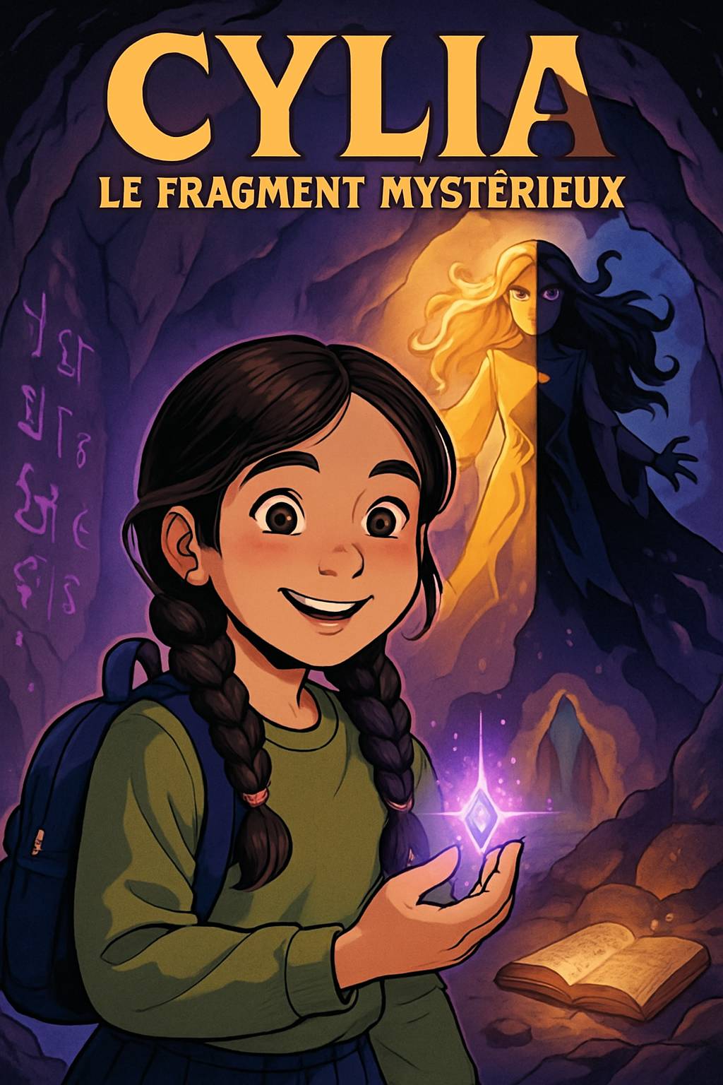 In Mamie Aurore's art studio, an elegant shadow figure with a blue crystal crown looms. A dark-skinned boy with curly black hair and adventurous smile stands nearby. Title 'Emilie' and subtitle 'My Story Show' in vibrant frost palette. Cel-shaded magical silhouettes.
