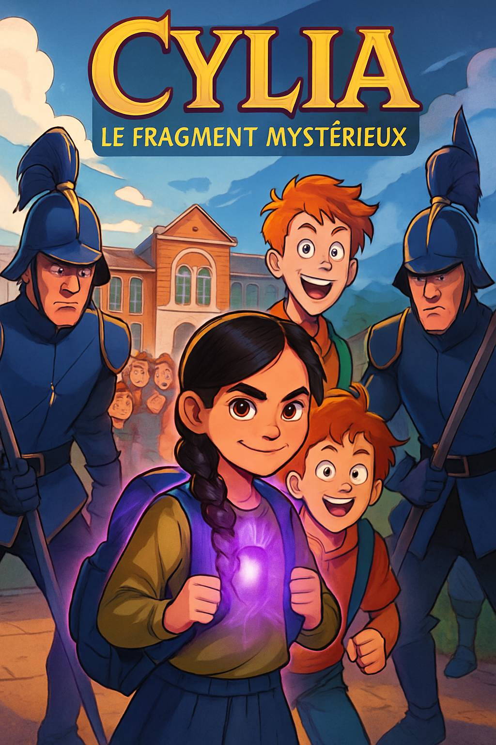 In Mamie Aurore's art studio, an elegant shadow figure with a blue crystal crown looms. A dark-skinned boy with curly black hair and adventurous smile stands nearby. Title 'Emilie' and subtitle 'My Story Show' in vibrant frost palette. Cel-shaded magical silhouettes.