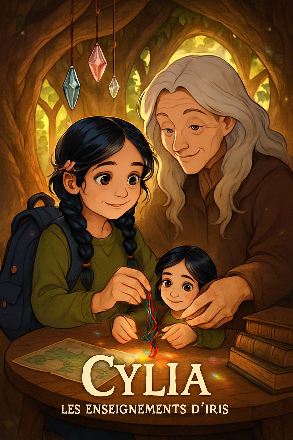 In Mamie Aurore's art studio, an elegant shadow figure with a blue crystal crown looms. A dark-skinned boy with curly black hair and adventurous smile stands nearby. Title 'Emilie' and subtitle 'My Story Show' in vibrant frost palette. Cel-shaded magical silhouettes.