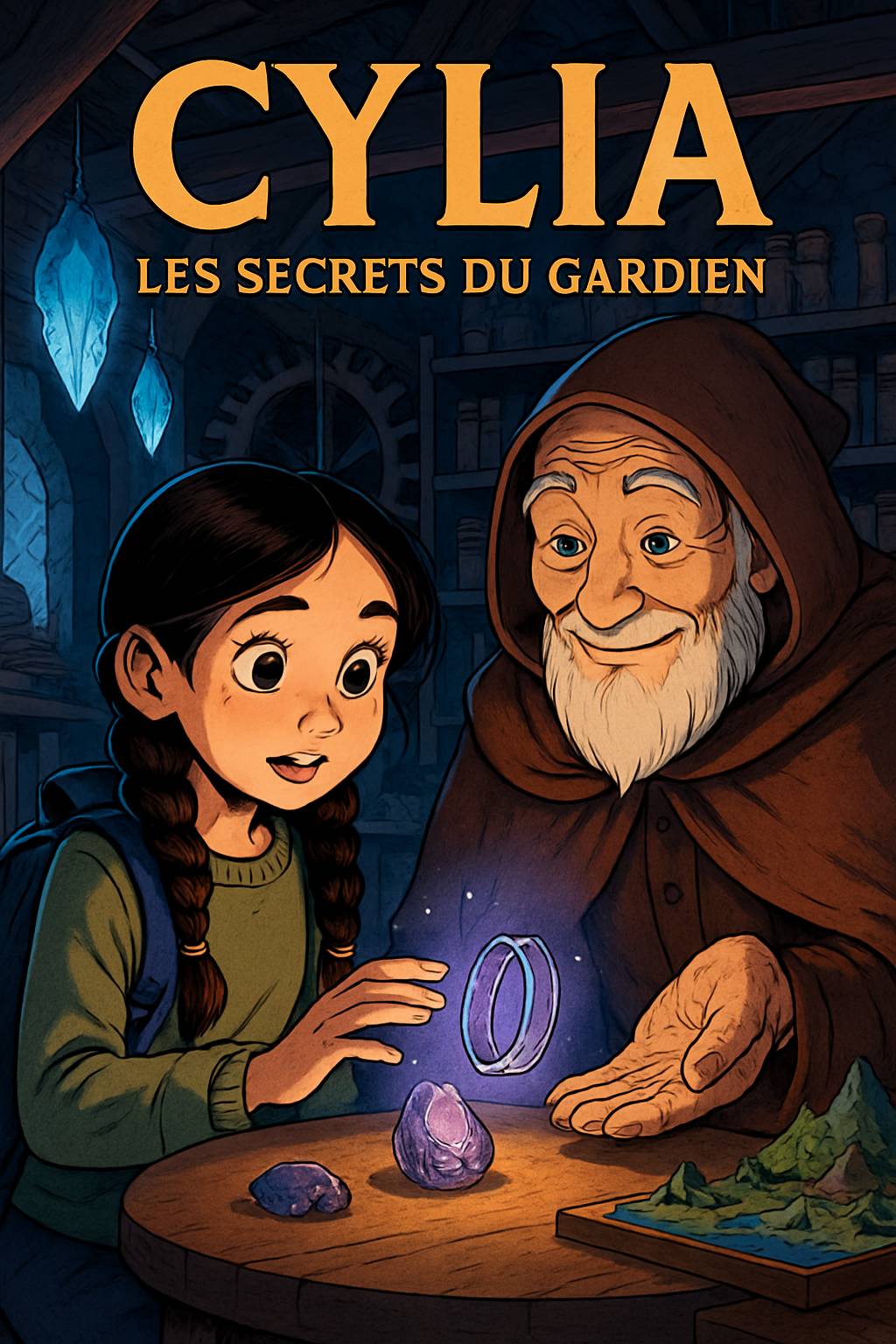 In Mamie Aurore's art studio, an elegant shadow figure with a blue crystal crown looms. A dark-skinned boy with curly black hair and adventurous smile stands nearby. Title 'Emilie' and subtitle 'My Story Show' in vibrant frost palette. Cel-shaded magical silhouettes.