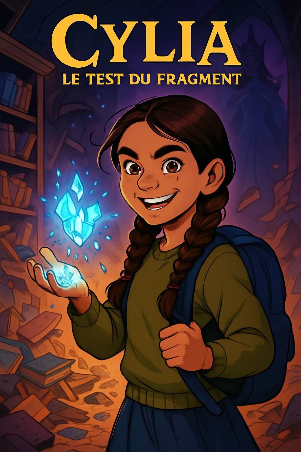 In Mamie Aurore's art studio, an elegant shadow figure with a blue crystal crown looms. A dark-skinned boy with curly black hair and adventurous smile stands nearby. Title 'Emilie' and subtitle 'My Story Show' in vibrant frost palette. Cel-shaded magical silhouettes.