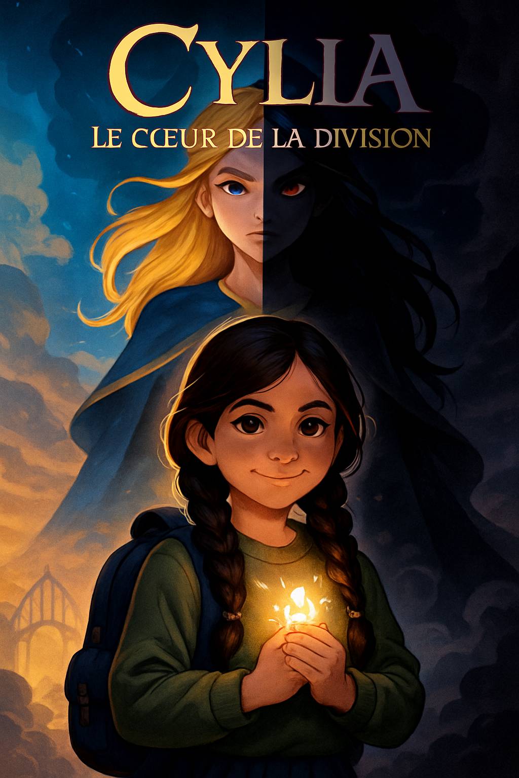 In Mamie Aurore's art studio, an elegant shadow figure with a blue crystal crown looms. A dark-skinned boy with curly black hair and adventurous smile stands nearby. Title 'Emilie' and subtitle 'My Story Show' in vibrant frost palette. Cel-shaded magical silhouettes.