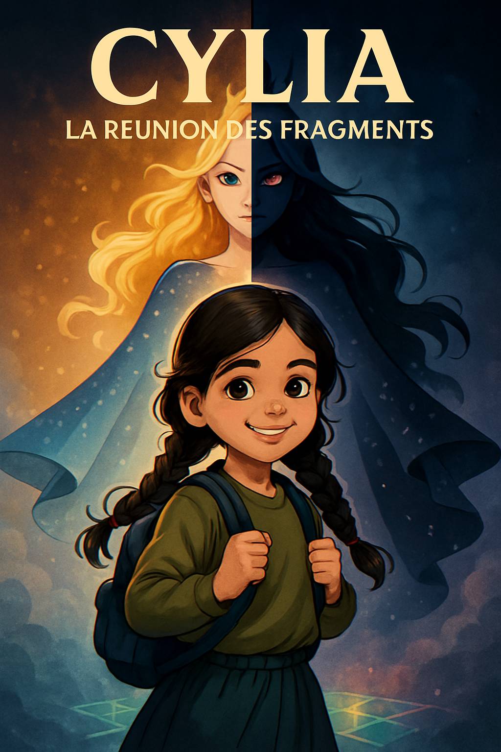 In Mamie Aurore's art studio, an elegant shadow figure with a blue crystal crown looms. A dark-skinned boy with curly black hair and adventurous smile stands nearby. Title 'Emilie' and subtitle 'My Story Show' in vibrant frost palette. Cel-shaded magical silhouettes.