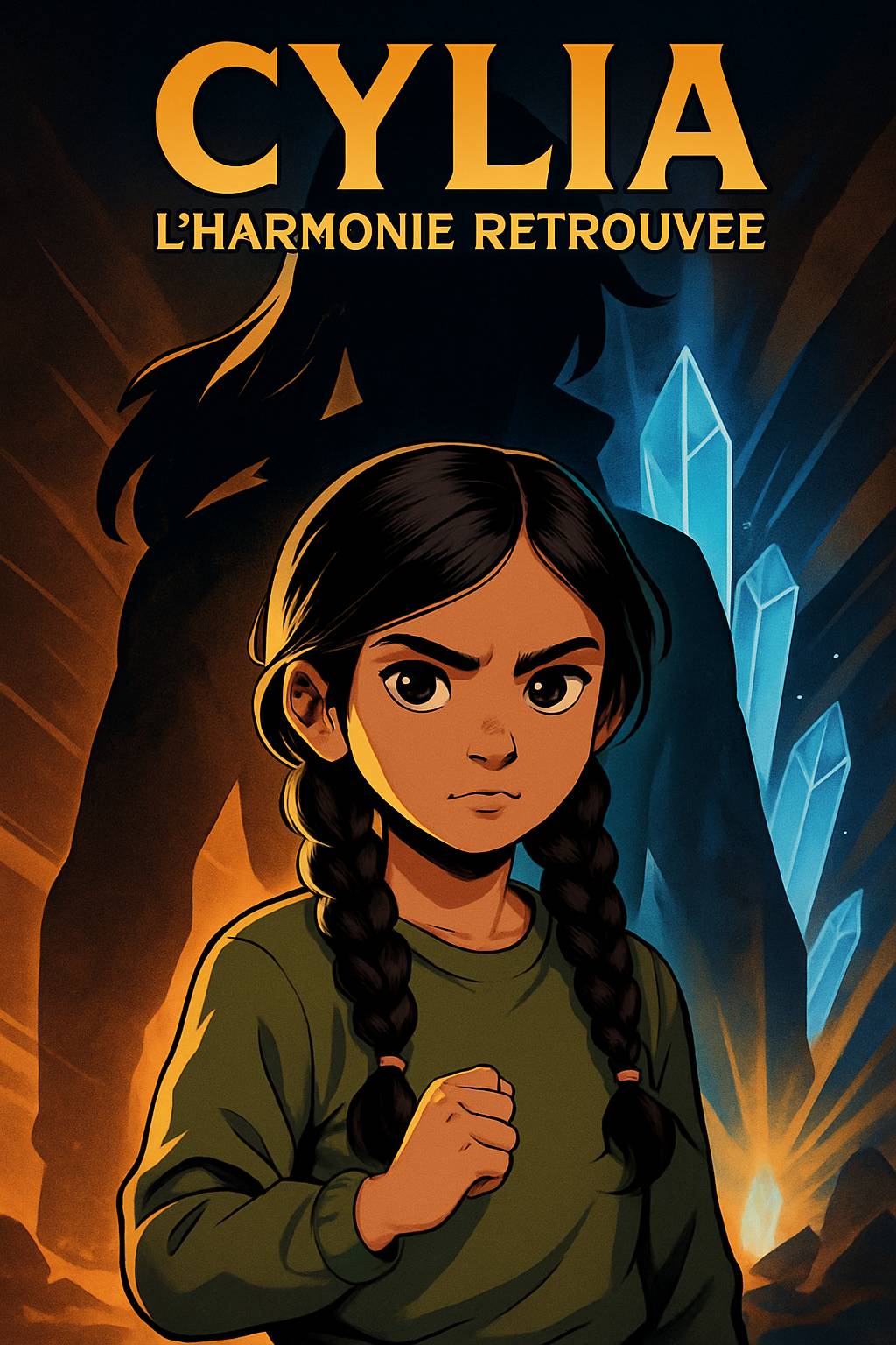 In Mamie Aurore's art studio, an elegant shadow figure with a blue crystal crown looms. A dark-skinned boy with curly black hair and adventurous smile stands nearby. Title 'Emilie' and subtitle 'My Story Show' in vibrant frost palette. Cel-shaded magical silhouettes.