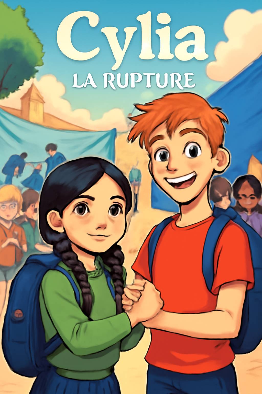 In Mamie Aurore's art studio, an elegant shadow figure with a blue crystal crown looms. A dark-skinned boy with curly black hair and adventurous smile stands nearby. Title 'Emilie' and subtitle 'My Story Show' in vibrant frost palette. Cel-shaded magical silhouettes.