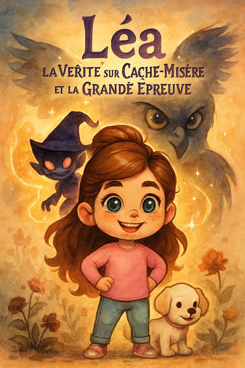 In Mamie Aurore's art studio, an elegant shadow figure with a blue crystal crown looms. A dark-skinned boy with curly black hair and adventurous smile stands nearby. Title 'Emilie' and subtitle 'My Story Show' in vibrant frost palette. Cel-shaded magical silhouettes.