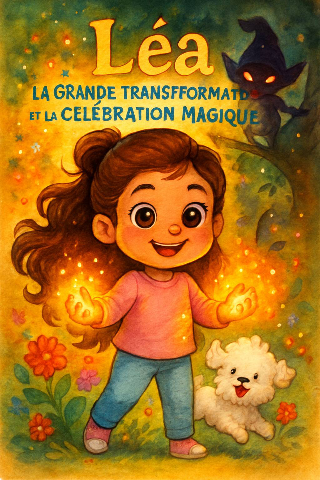 In Mamie Aurore's art studio, an elegant shadow figure with a blue crystal crown looms. A dark-skinned boy with curly black hair and adventurous smile stands nearby. Title 'Emilie' and subtitle 'My Story Show' in vibrant frost palette. Cel-shaded magical silhouettes.