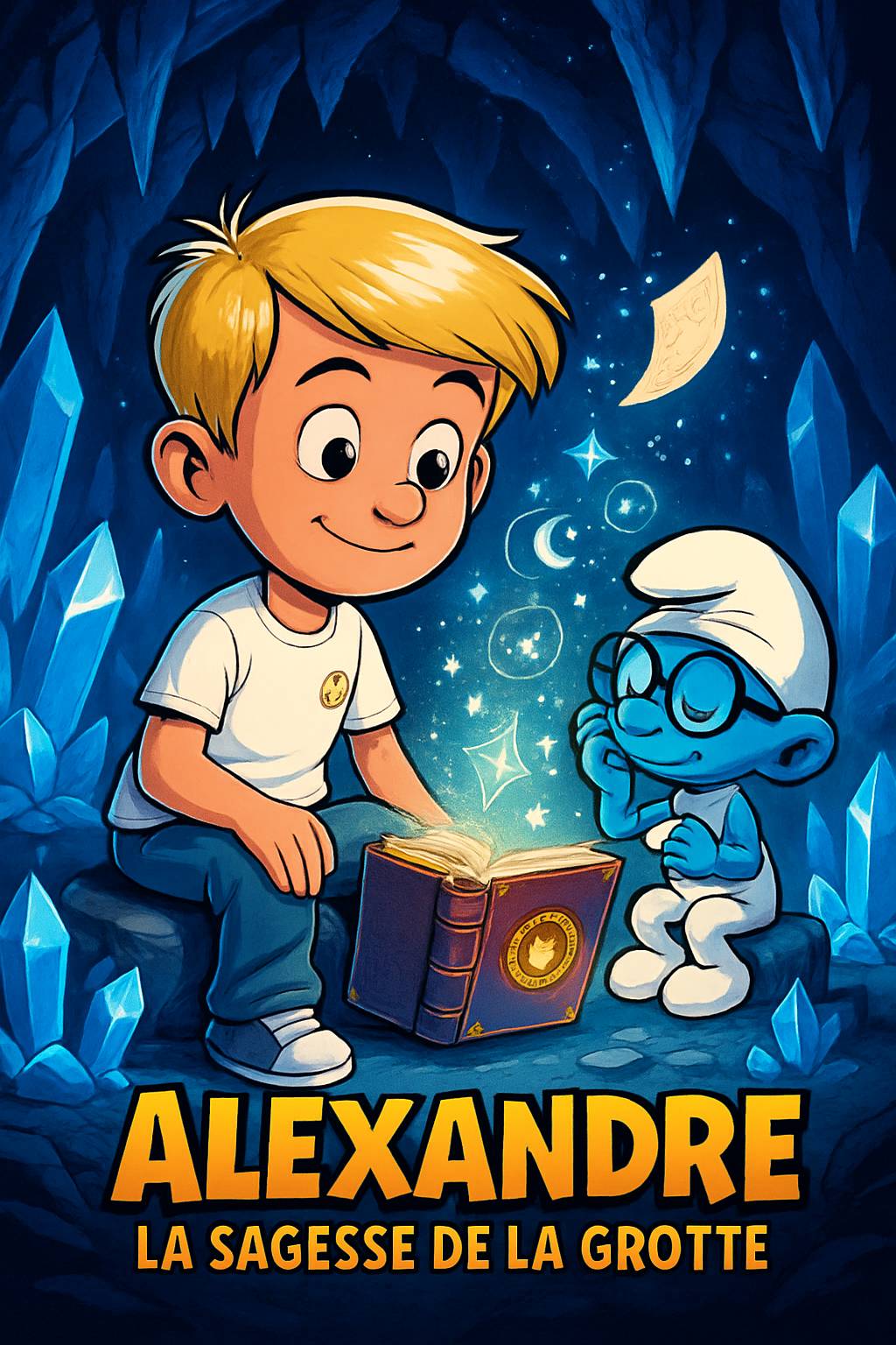 In Mamie Aurore's art studio, an elegant shadow figure with a blue crystal crown looms. A dark-skinned boy with curly black hair and adventurous smile stands nearby. Title 'Emilie' and subtitle 'My Story Show' in vibrant frost palette. Cel-shaded magical silhouettes.