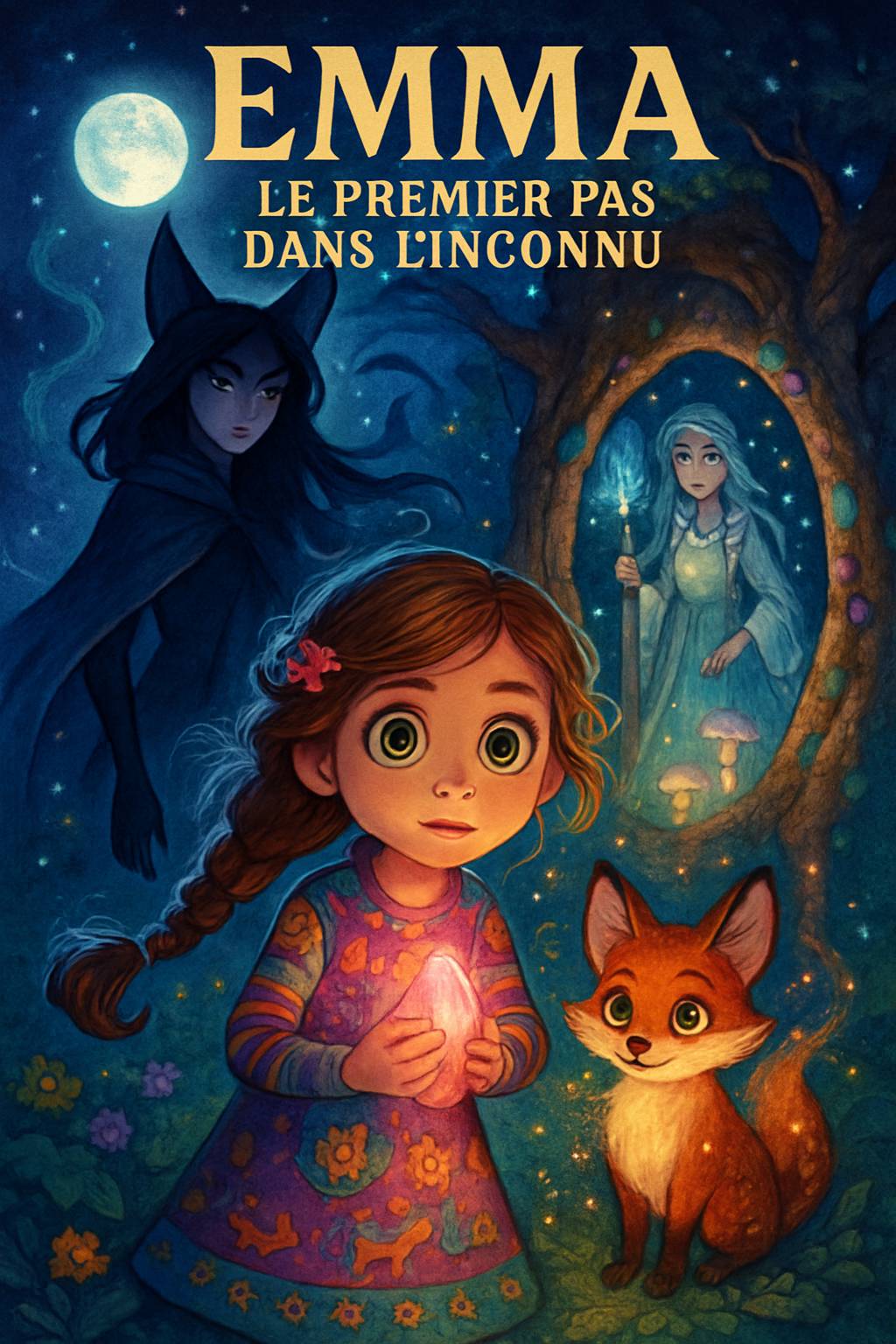 In Mamie Aurore's art studio, an elegant shadow figure with a blue crystal crown looms. A dark-skinned boy with curly black hair and adventurous smile stands nearby. Title 'Emilie' and subtitle 'My Story Show' in vibrant frost palette. Cel-shaded magical silhouettes.