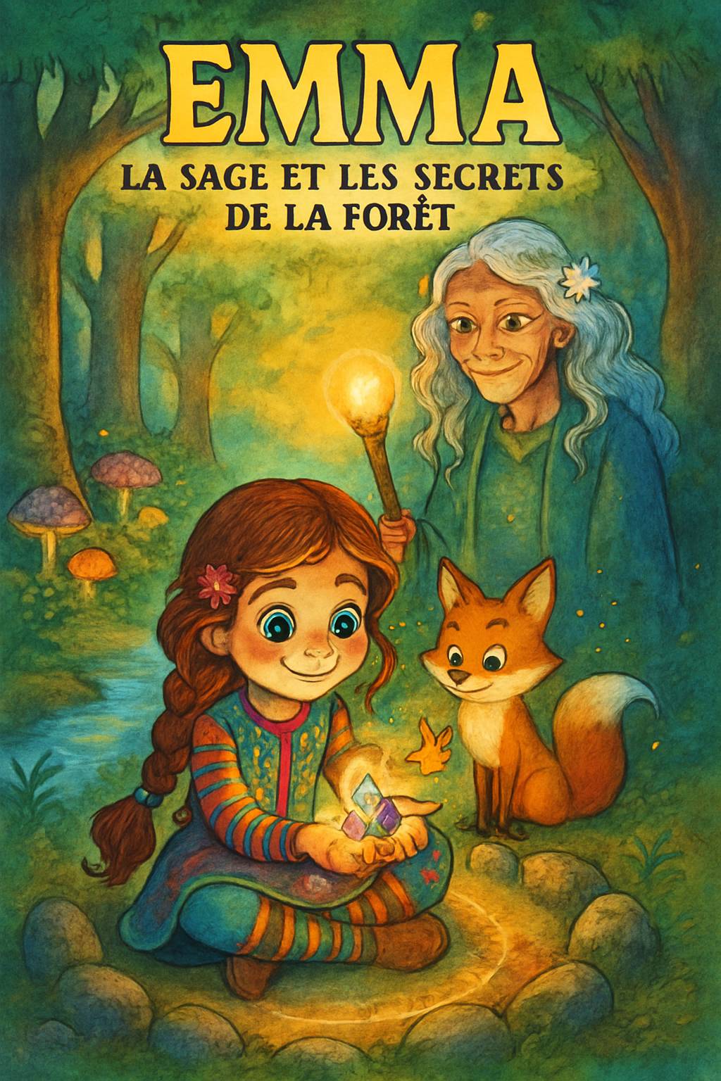 In Mamie Aurore's art studio, an elegant shadow figure with a blue crystal crown looms. A dark-skinned boy with curly black hair and adventurous smile stands nearby. Title 'Emilie' and subtitle 'My Story Show' in vibrant frost palette. Cel-shaded magical silhouettes.
