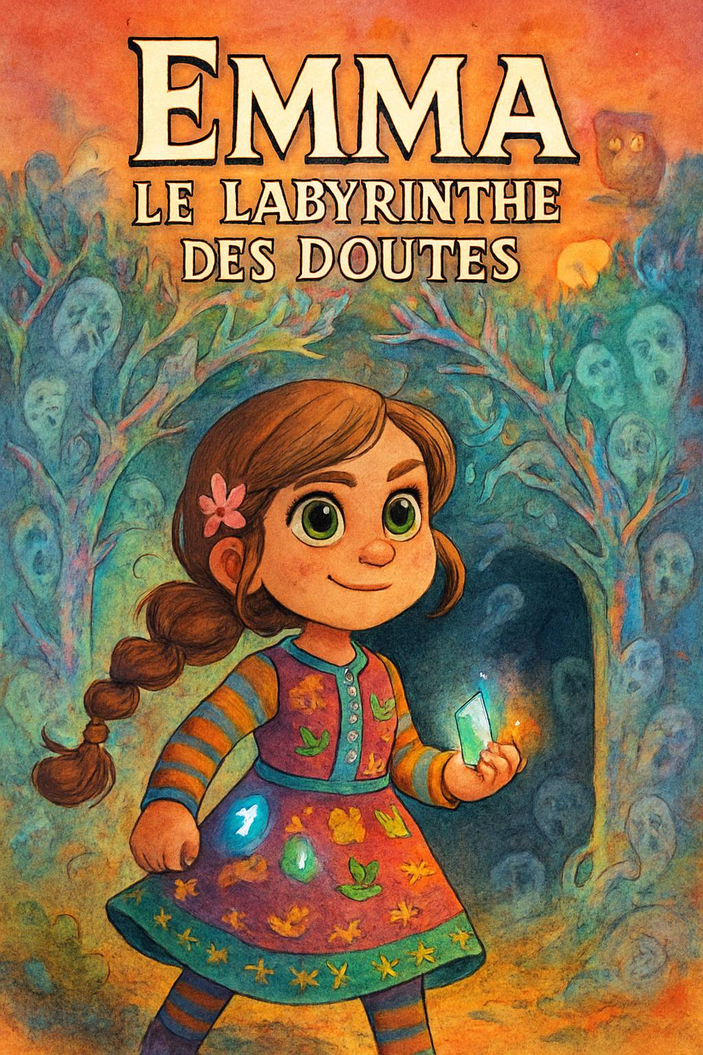 In Mamie Aurore's art studio, an elegant shadow figure with a blue crystal crown looms. A dark-skinned boy with curly black hair and adventurous smile stands nearby. Title 'Emilie' and subtitle 'My Story Show' in vibrant frost palette. Cel-shaded magical silhouettes.