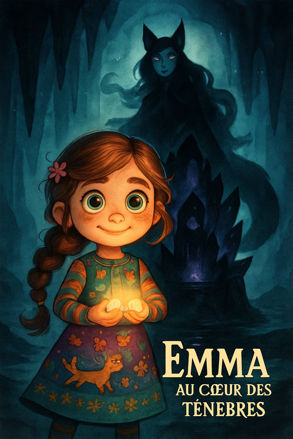 In Mamie Aurore's art studio, an elegant shadow figure with a blue crystal crown looms. A dark-skinned boy with curly black hair and adventurous smile stands nearby. Title 'Emilie' and subtitle 'My Story Show' in vibrant frost palette. Cel-shaded magical silhouettes.