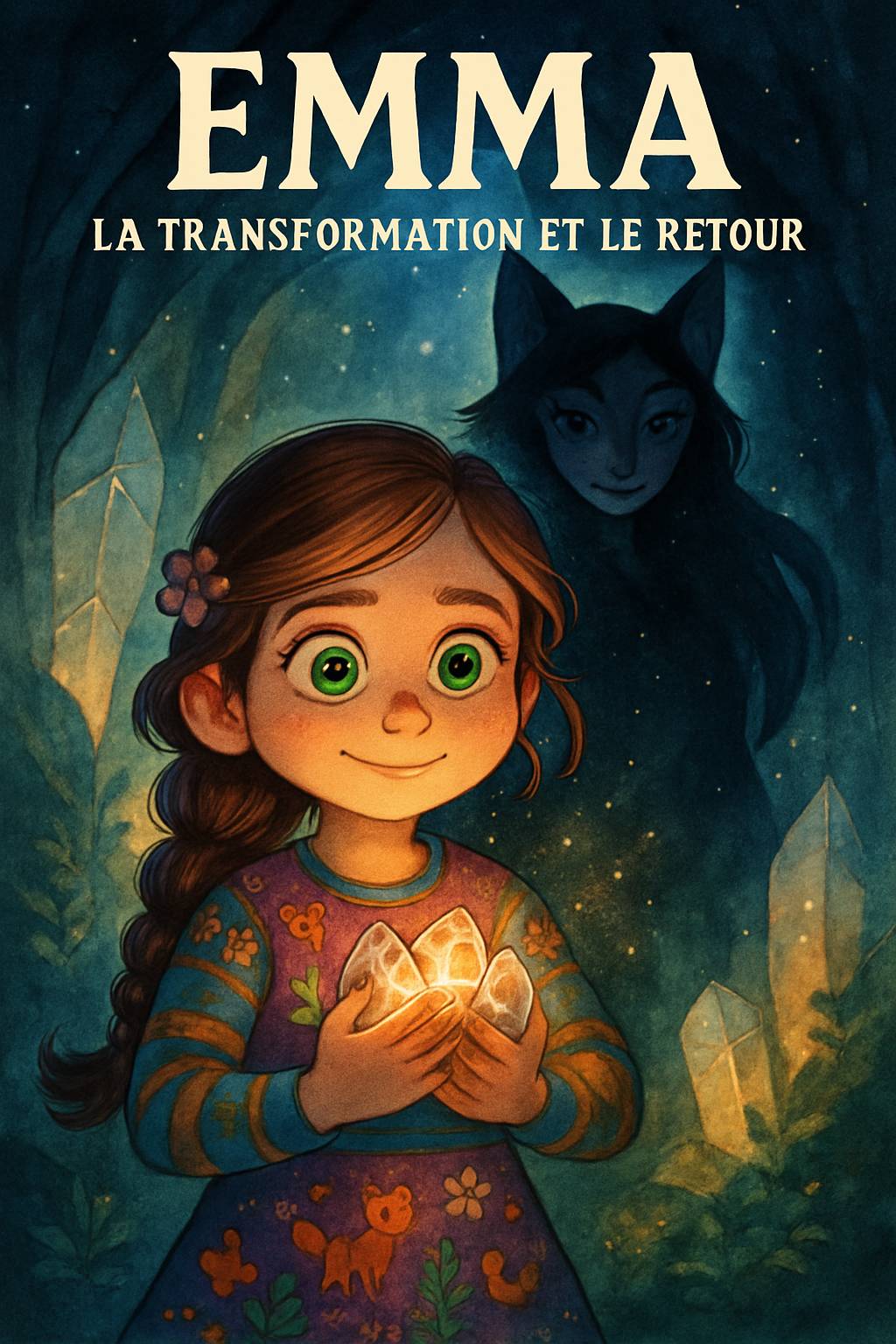 In Mamie Aurore's art studio, an elegant shadow figure with a blue crystal crown looms. A dark-skinned boy with curly black hair and adventurous smile stands nearby. Title 'Emilie' and subtitle 'My Story Show' in vibrant frost palette. Cel-shaded magical silhouettes.